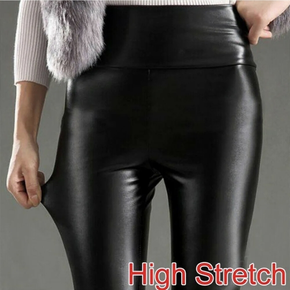 Faux PU Leather Skinny Pants High Waist Push Up Butt Lift Stretch Matte Leggings - Picture 4 of 8